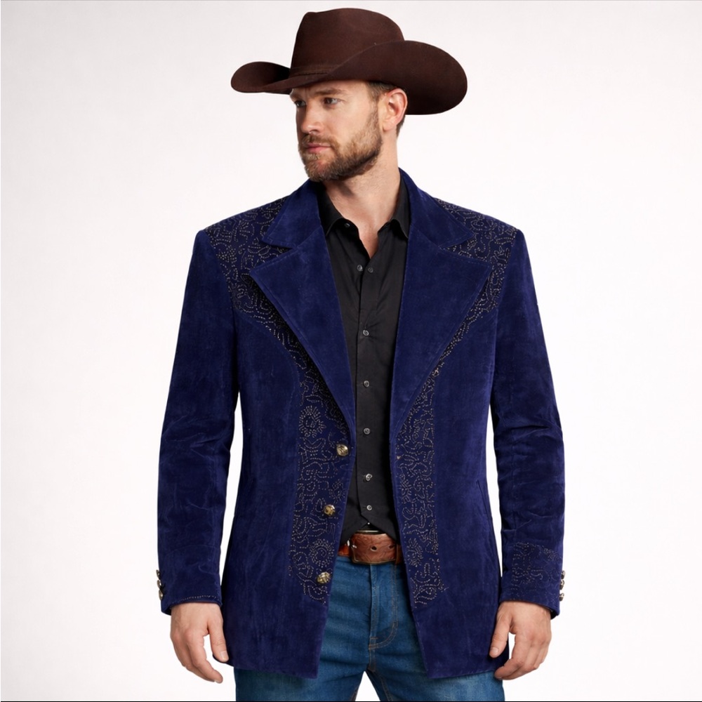 Vtg Stuart McGuire Navy Suede Look Studded Statement Jacket Coat Men’s Rock S/M